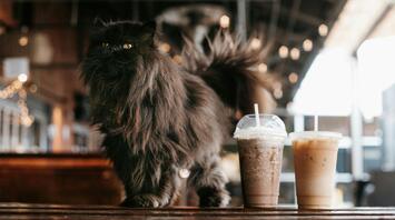 Fluffy black cat on a table next to two iced coffee drinks in a cozy café setting