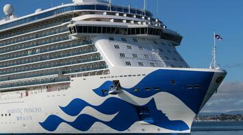 Close-up of the Majestic Princess cruise ship with blue and white wave design on the hull