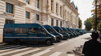 Row of police vans parked outside a historic building in Paris