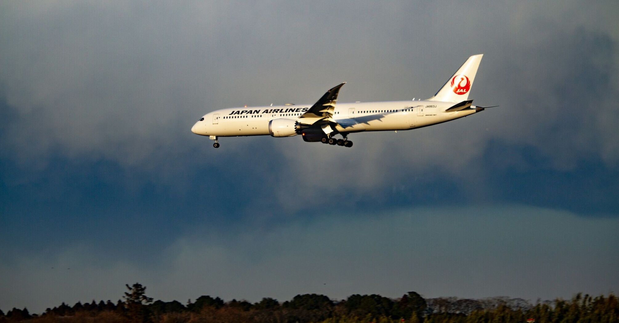 Japan Airlines plane in flight against a cloudy sky