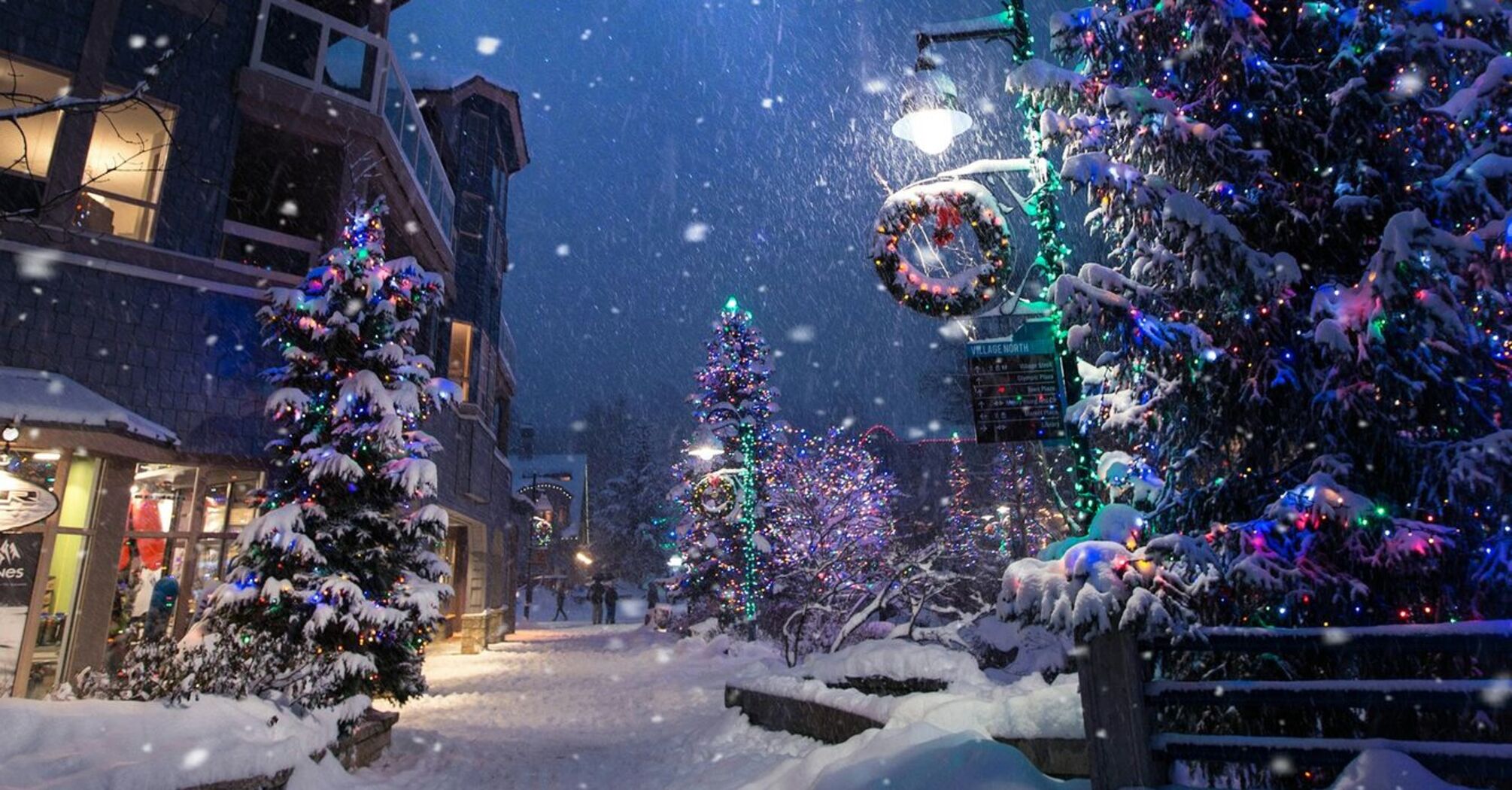 Snow-covered street with decorated Christmas trees and festive lights under a dark, snowy sky