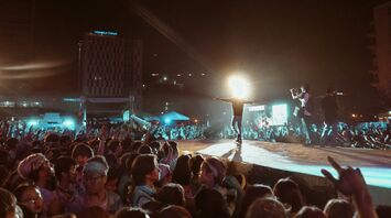 A large crowd at a night concert with bright lights and a performer on stage