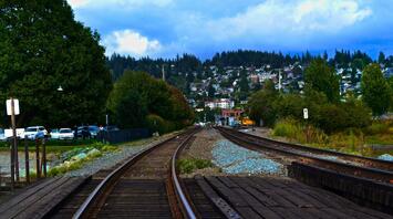 Railway tracks leading into a suburban town with trees and cars nearby