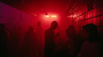A dimly lit nightclub with people in red lighting