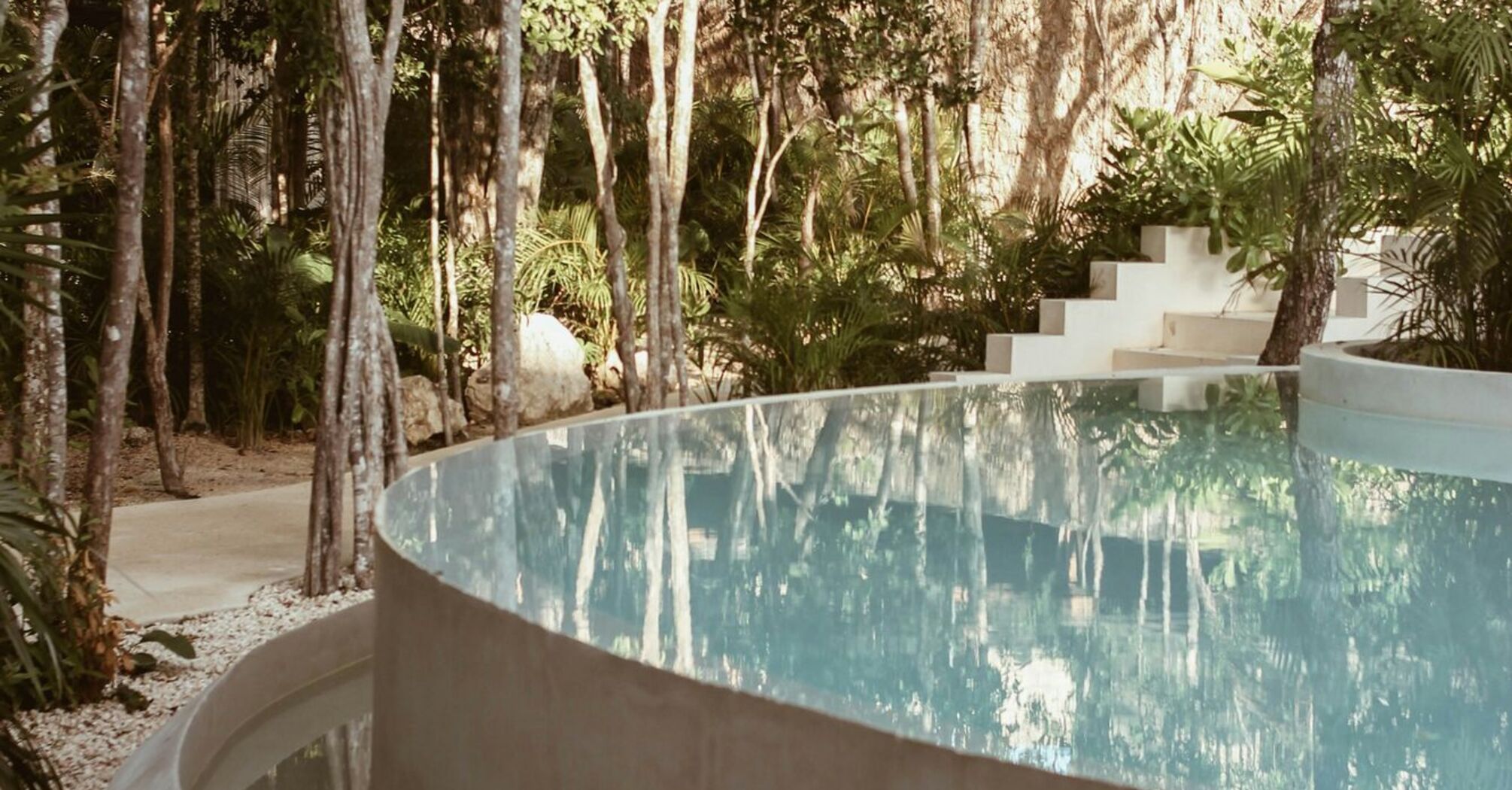 Modern circular pool surrounded by lush forest greenery