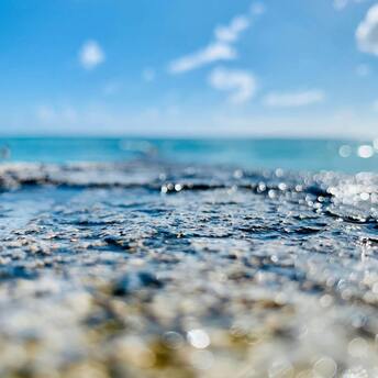 A serene view of a shallow ocean with a blurred foreground and clear blue sky