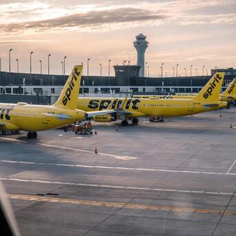 Spirit Airlines airplanes parked at the airport terminal during sunset