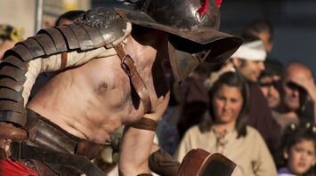 Roman gladiator reenactment with spectators in the background