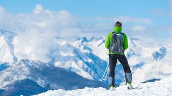 A skier in a green jacket overlooking snowy mountain peaks under a clear blue sky