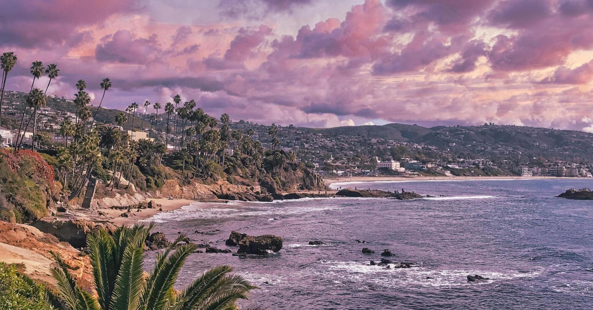 Laguna Beach coastline during a colorful sunset