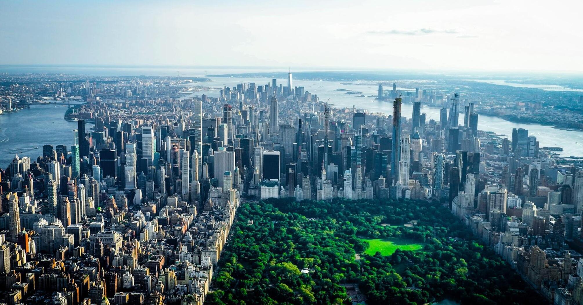 Aerial view of New York City skyline with Central Park in the foreground