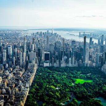 Aerial view of New York City skyline with Central Park in the foreground