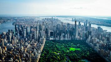 Aerial view of New York City skyline with Central Park in the foreground