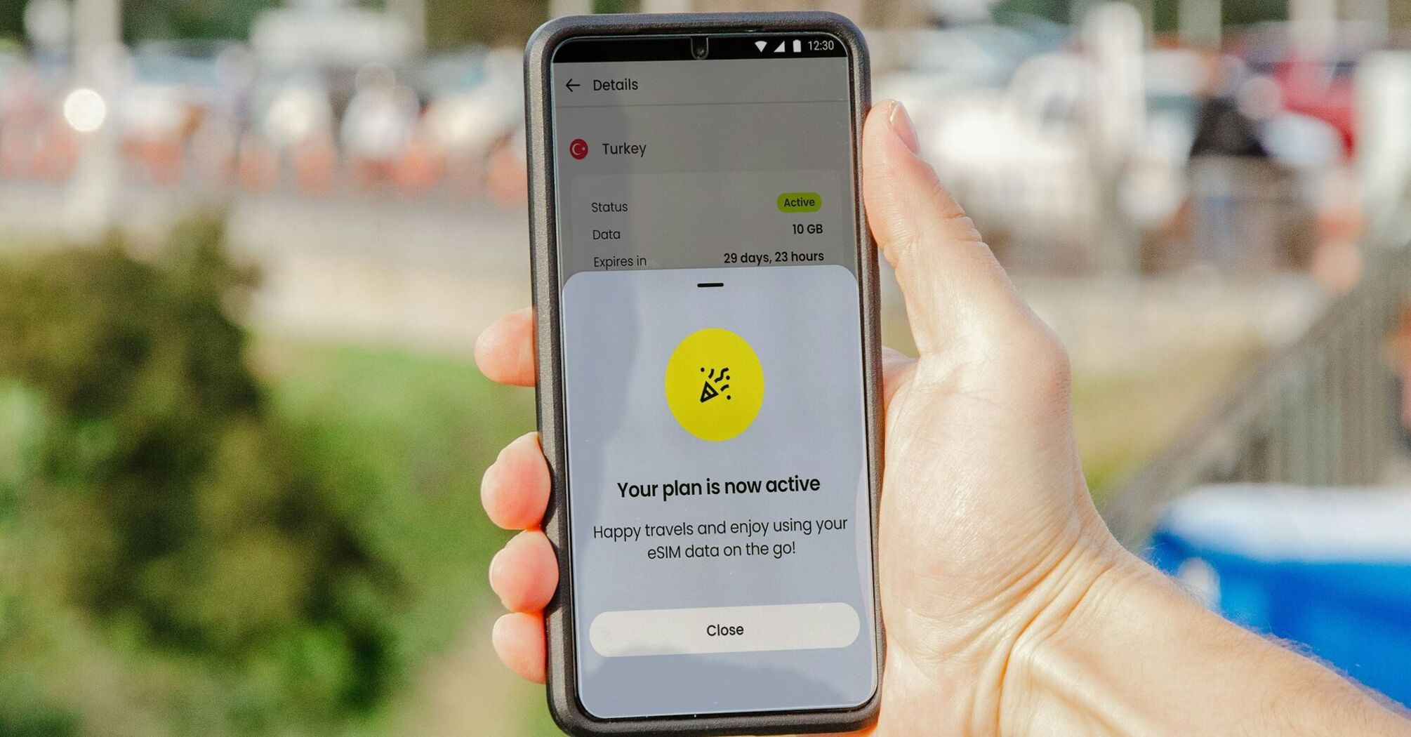 A smartphone screen showing an active eSIM data plan, highlighting internet connectivity for travelers