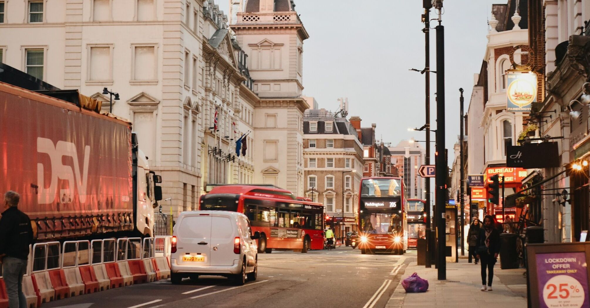 London street with buses and vehicles