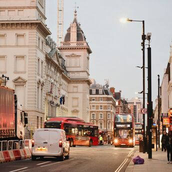 London street with buses and vehicles
