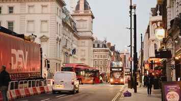 London street with buses and vehicles