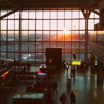 View of Heathrow Airport terminal with sunrise