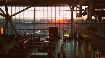 View of Heathrow Airport terminal with sunrise