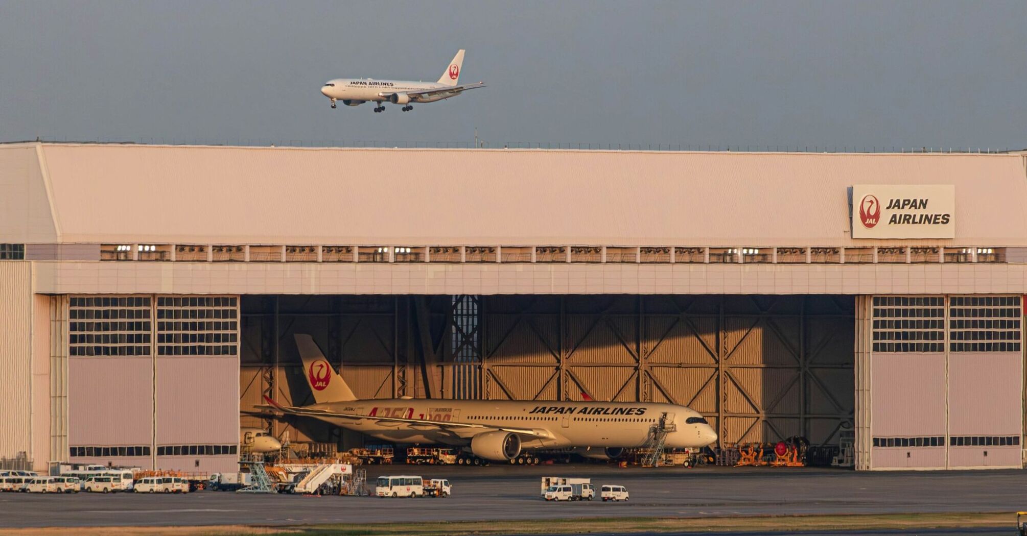 Japan Airlines planes near a hangar with one aircraft landing and another undergoing maintenance at Haneda Airport