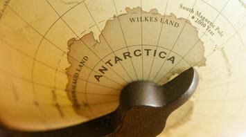 Close-up of Antarctica on a globe