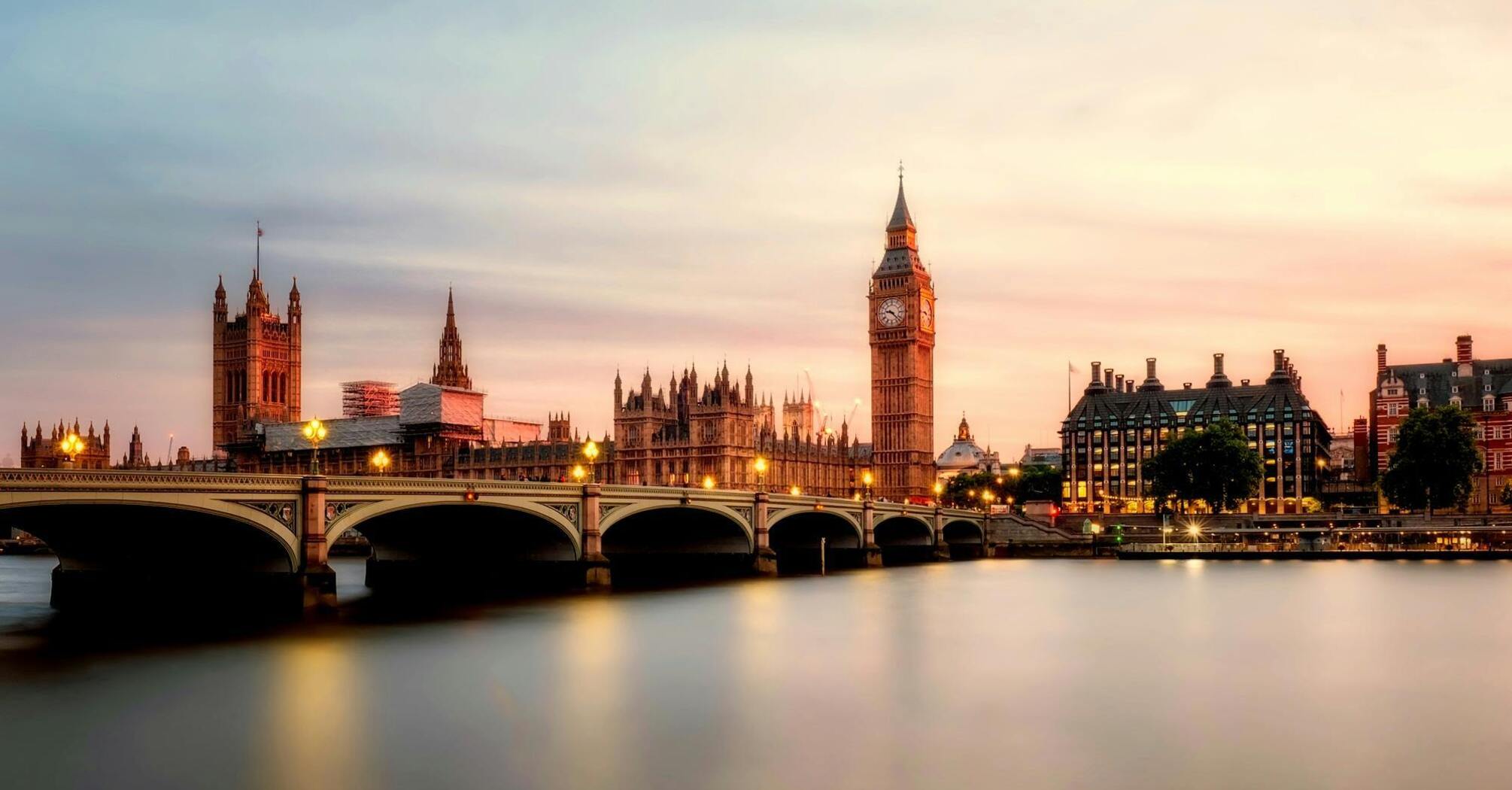 Westminster Bridge and Big Ben at sunset in London