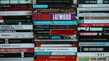 A colorful stack of classic and contemporary books in various genres, showcasing global literature and authors