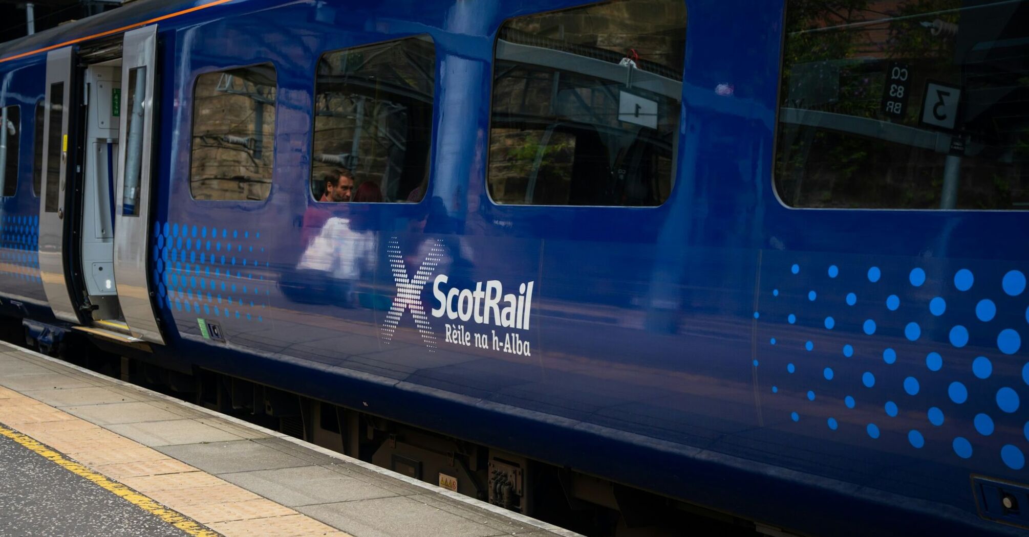 A ScotRail train parked at a platform, ready for passengers