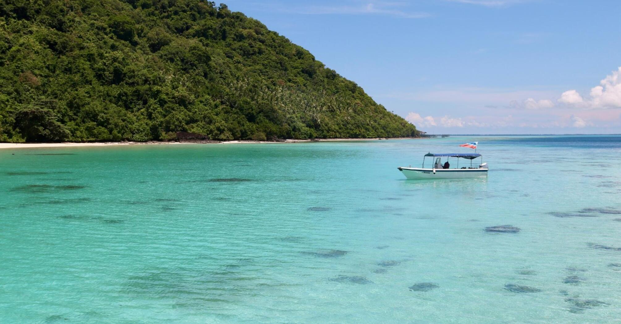 Boat floating on clear turquoise waters near a lush green island