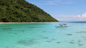 Boat floating on clear turquoise waters near a lush green island