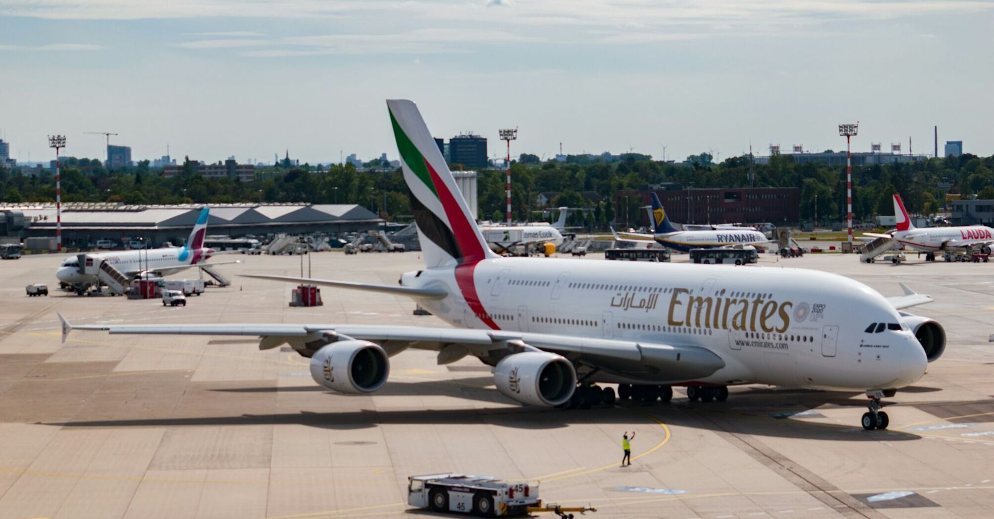 An Emirates Airbus A380 on the tarmac at an airport