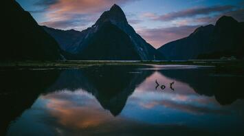 A serene view of Milford Sound at sunset with its reflective waters and towering mountain peaks