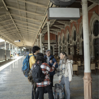 A group of travelers talking under a station clock on a train platform