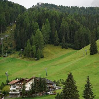 Green alpine slopes with a lodge and cable cars surrounded by forested hills