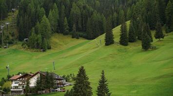 Green alpine slopes with a lodge and cable cars surrounded by forested hills