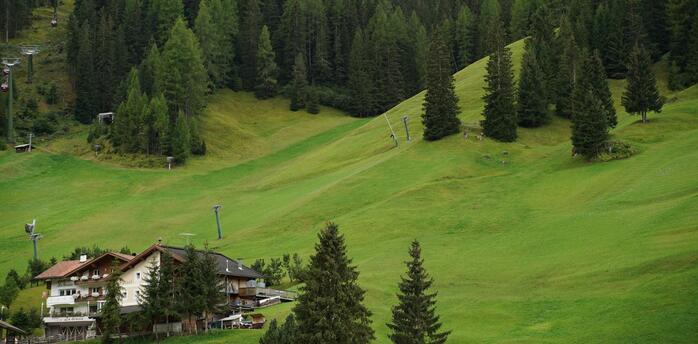 Green alpine slopes with a lodge and cable cars surrounded by forested hills