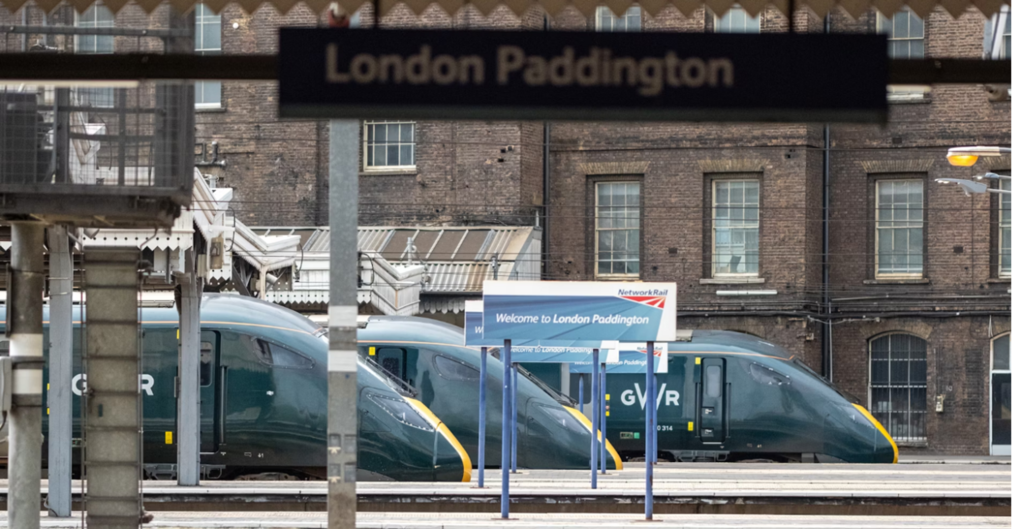 London Paddington Station platform with GWR trains