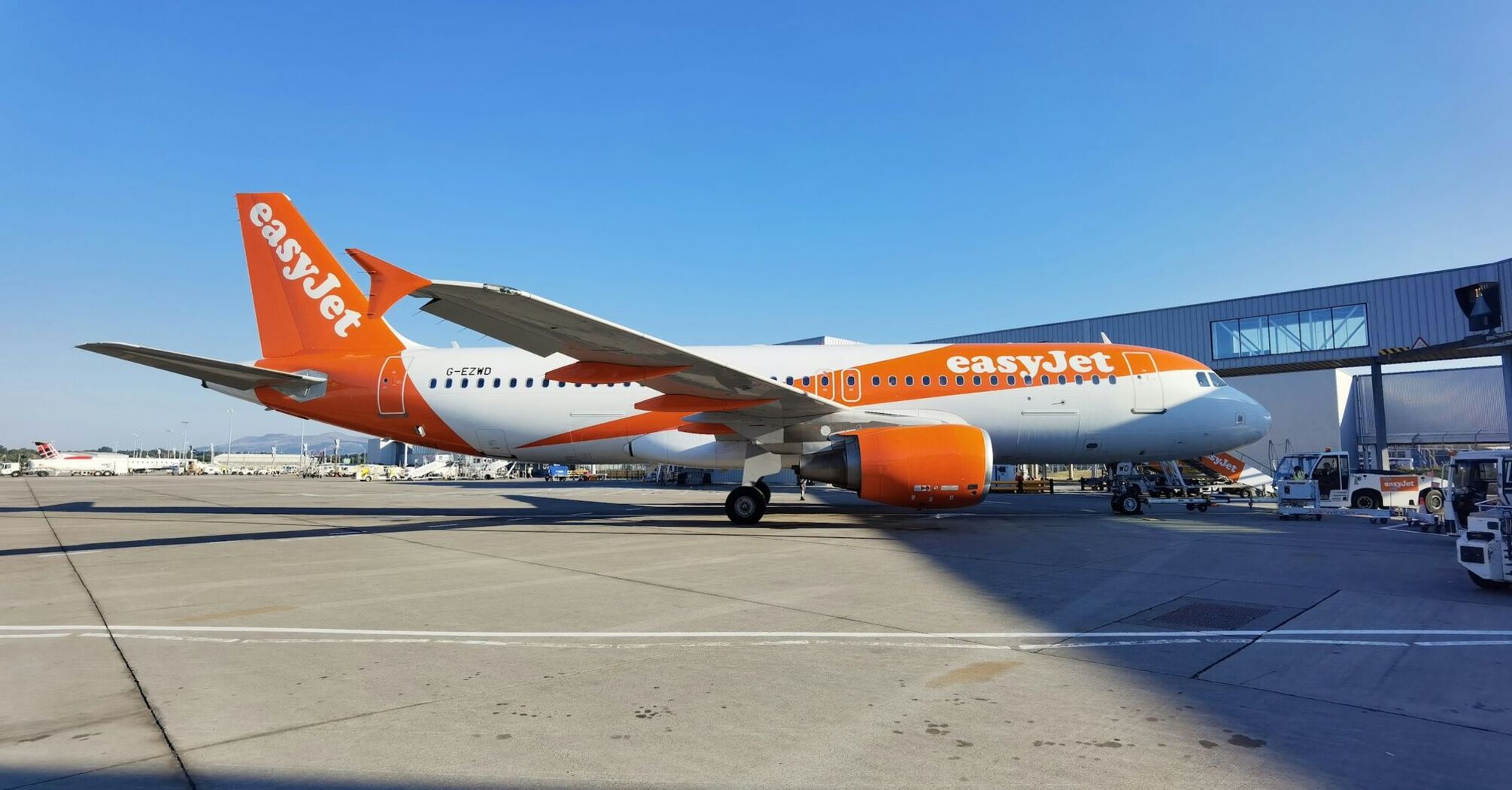 An easyJet airplane parked at an airport, ready for operations under a clear blue sky