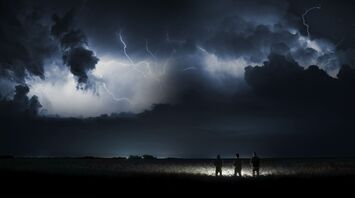 A stormy night sky with lightning illuminating clouds and silhouettes of three people standing in a field