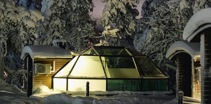 A glass igloo illuminated at night amidst snow-covered trees in Lapland