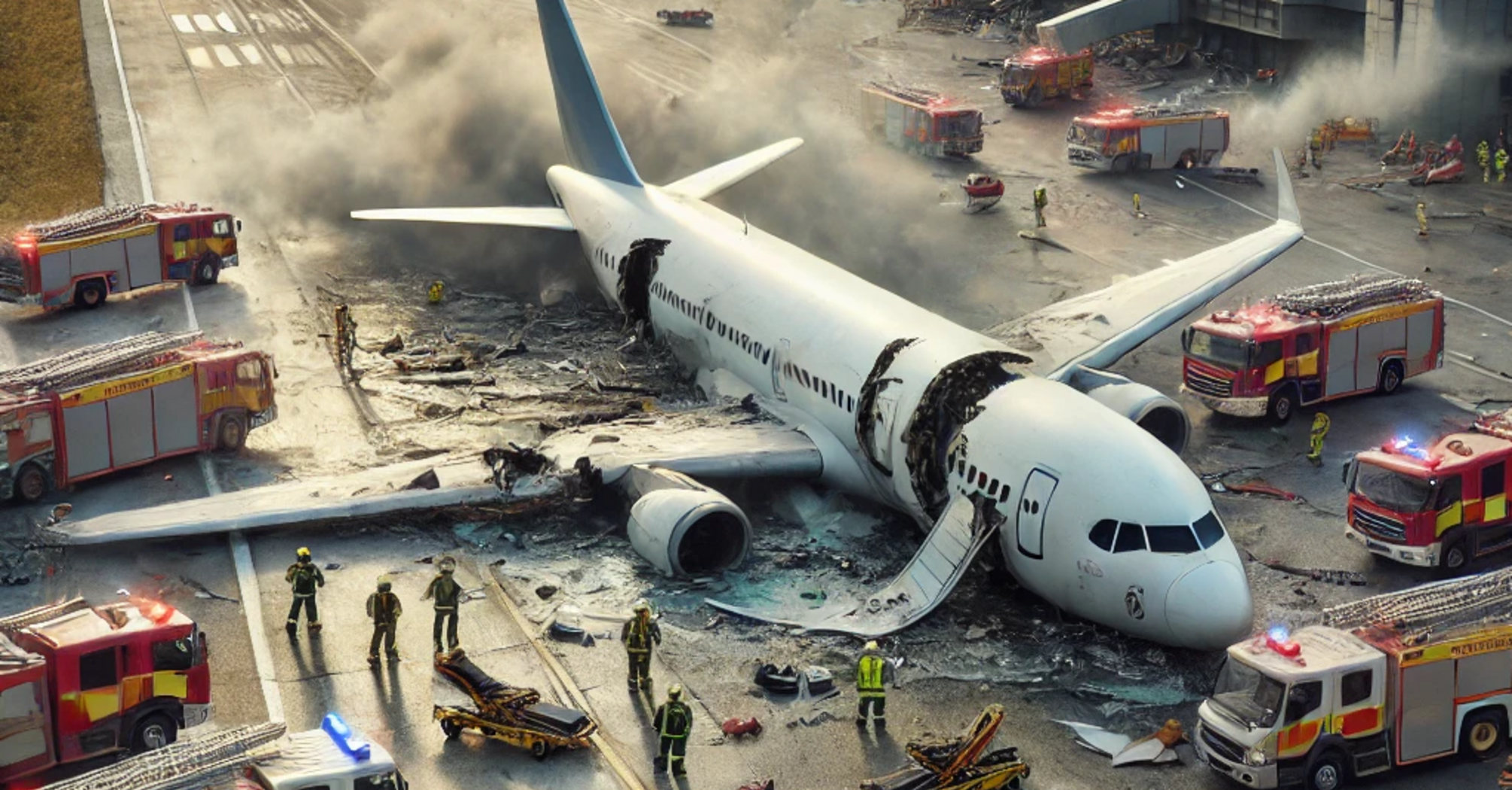 Emergency response teams at the scene of a crashed airplane, with visible debris, flames, and smoke rising at an airport