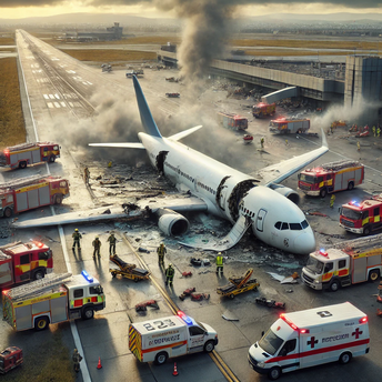 Emergency response teams at the scene of a crashed airplane, with visible debris, flames, and smoke rising at an airport