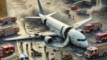 Emergency response teams at the scene of a crashed airplane, with visible debris, flames, and smoke rising at an airport