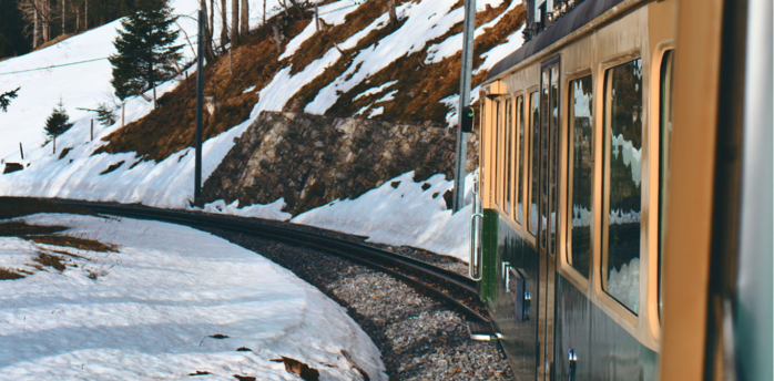 Panoramic view from a train in snowy Swiss Alps