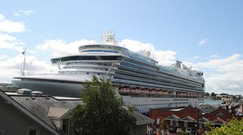 A large white cruise ship docked at a port