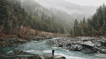 A person standing by a river in a misty forest landscape, surrounded by rocks and dense trees
