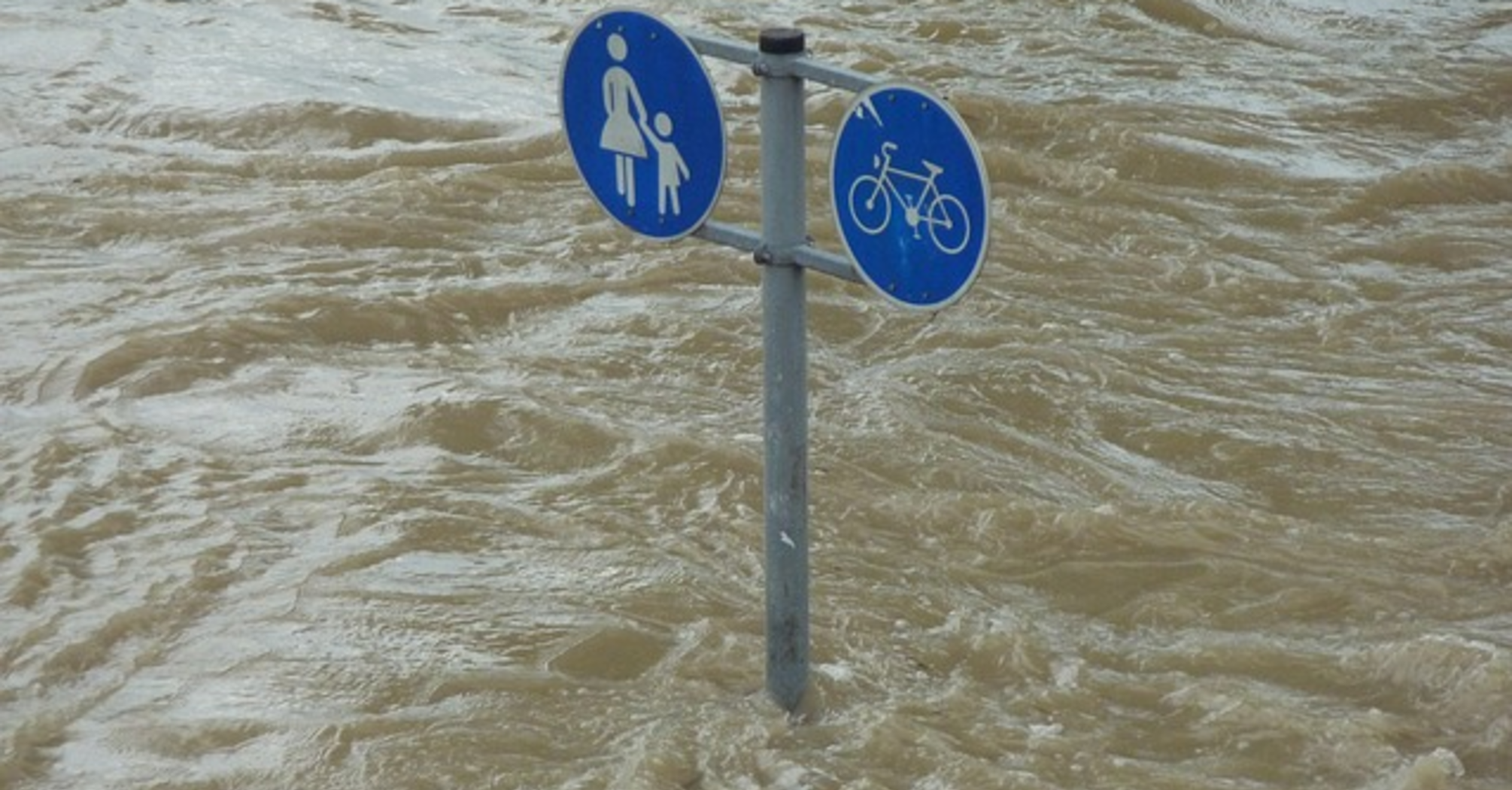 Flooded pedestrian and bike lane sign submerged in muddy water