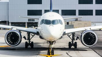 Front view of a Delta aircraft at the airport