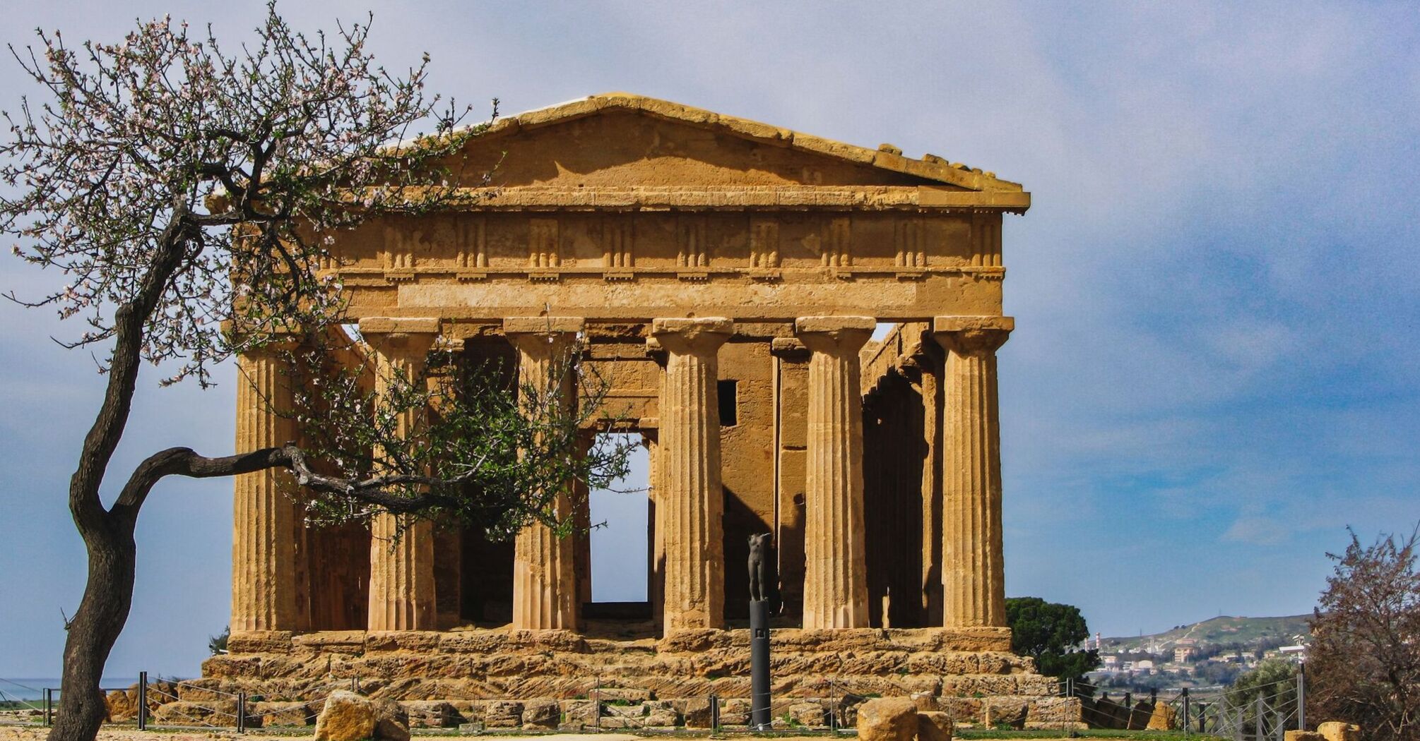 Ancient Greek temple with Doric columns surrounded by a blooming tree under a clear blue sky