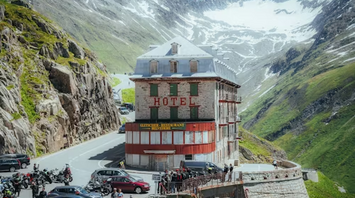 A historic hotel perched on a winding mountain road